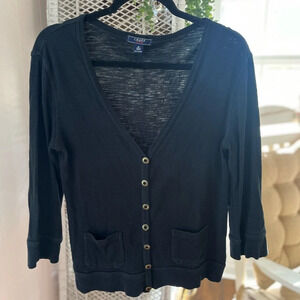 Chaps Size Medium 100% Cotton Button Up Black V Neck Long Sleeve Preppy Cardigan
